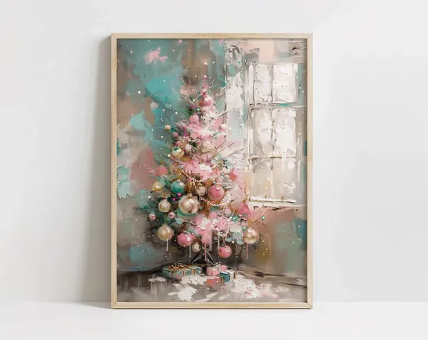 Pink Christmas Tree Art Print, Pastel Holiday Decor