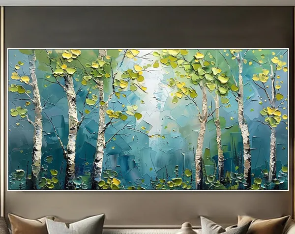 Forest Painting on Green Birch Trees, Contemporary Art Print