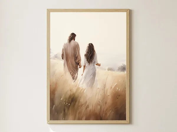Jesus Walking With A Woman Christian Watercolor Art Print