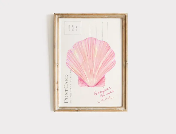 Coastal Seashell Pink Art Print, Vintage Coastal Decor