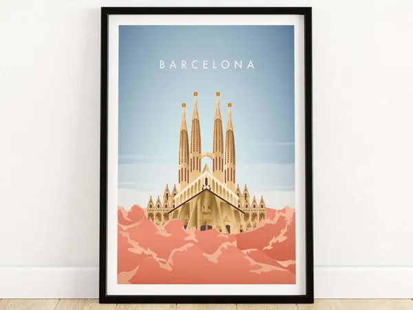 Barcelona Travel Poster, Spain City Skyline Art
