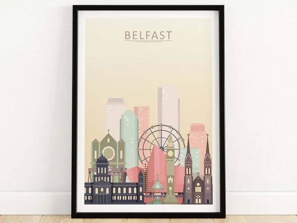 Belfast Skyline Travel Poster, Cityscape Wall Art