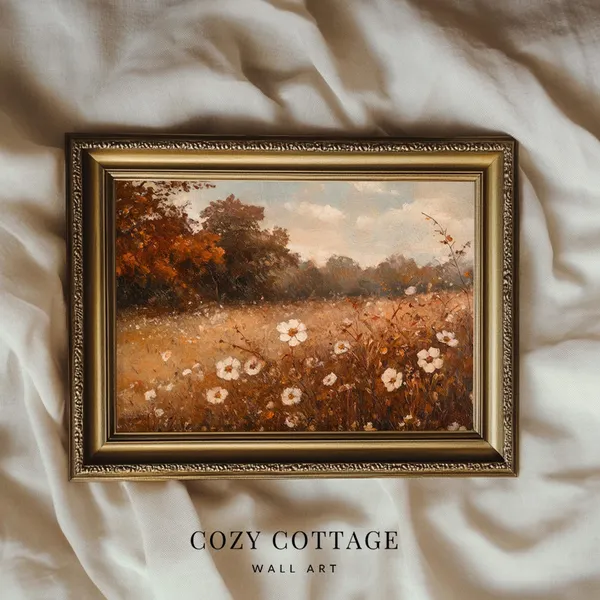 Fall Flower Meadow Vintage Style Art Print, Cottage Decor