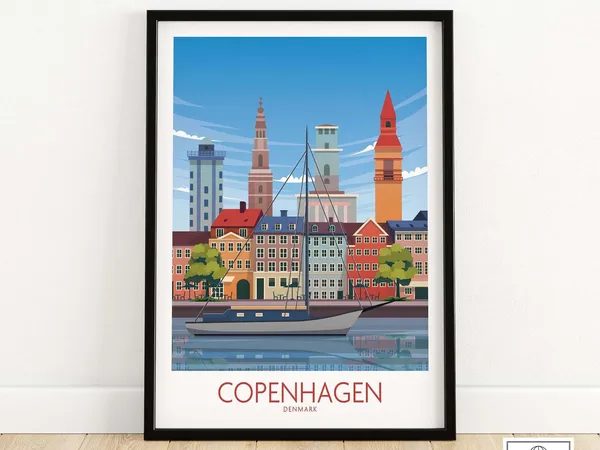 Copenhagen City Skyline Travel Poster, Minimalist Decor