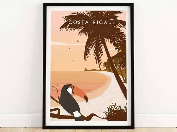 Costa Rica Travel Poster, Tropical Beach Jungle Art