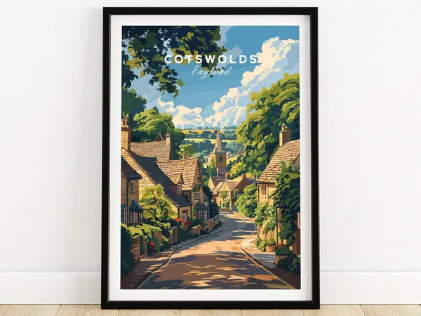 Cotswolds Travel Poster, England Illustration Art Print