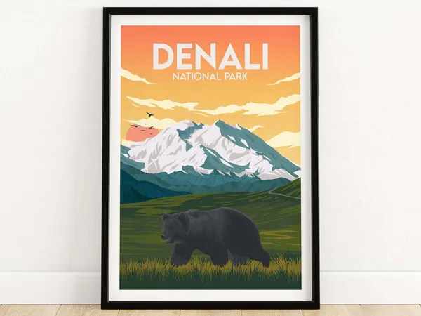 Denali National Park Alaska Travel Poster, Bear Art Print
