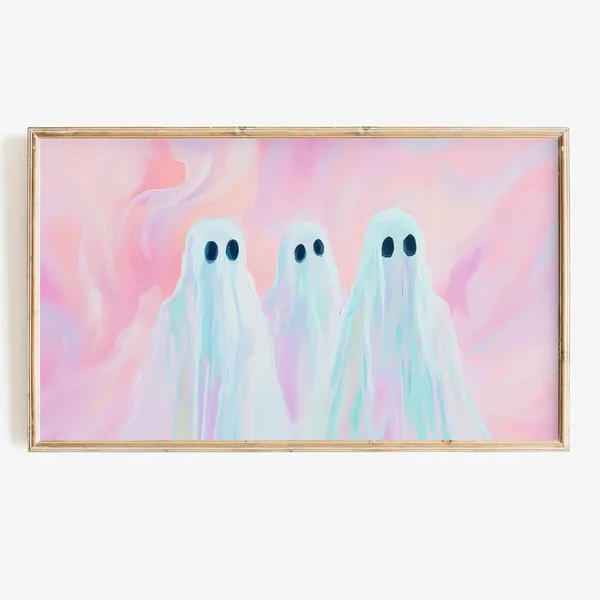 Pink Halloween Cute Ghost Art Print, Pastel Groovy Decor