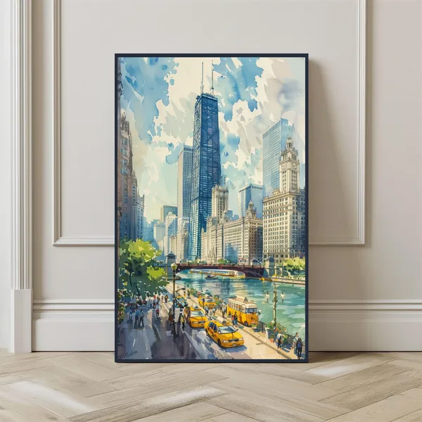 Watercolor Chicago City Travel Poster, Chicago River
