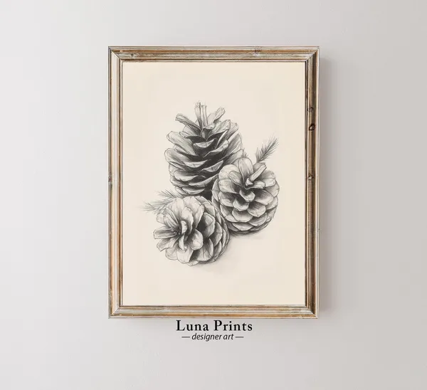 Vintage Autumn Pinecone Art Print, Neutral Decor