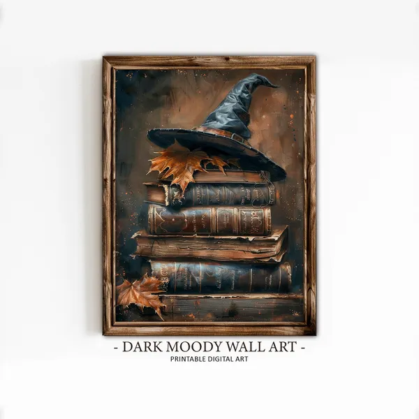 Witch Book Stack Painting, Cottagecore Halloween Art Print