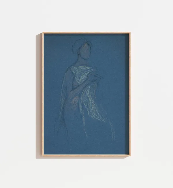 Antique Blue Drawing of Woman, Vintage Abstract Sketch