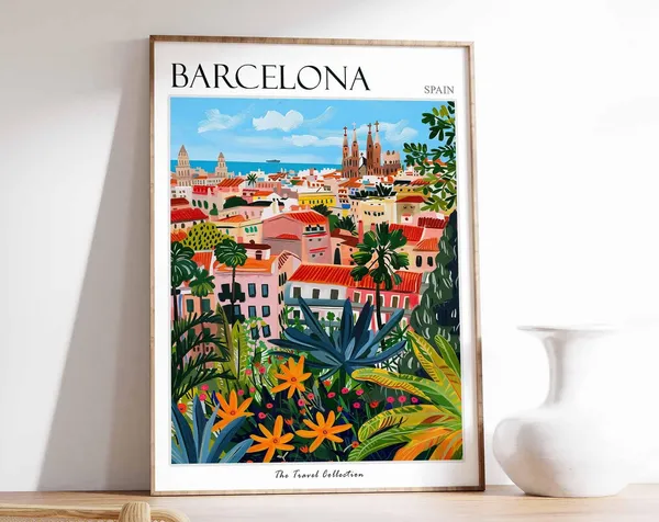 Barcelona Travel Poster, Tropical Spain Wall Art