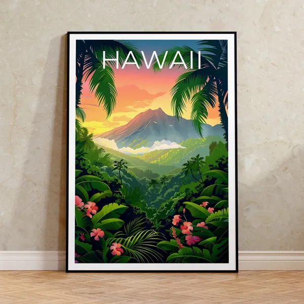 Hawaii Travel Poster, Tropical Island Hiking Print