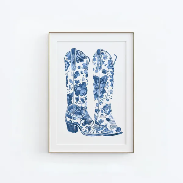 Blue Cowboy Boots Minimalist Western Art Print