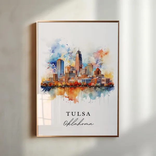 Tulsa Oklahoma Watercolor Travel Poster, Travel Print