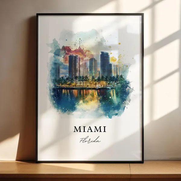 Miami Watercolor Travel Poster, Florida Wall Art