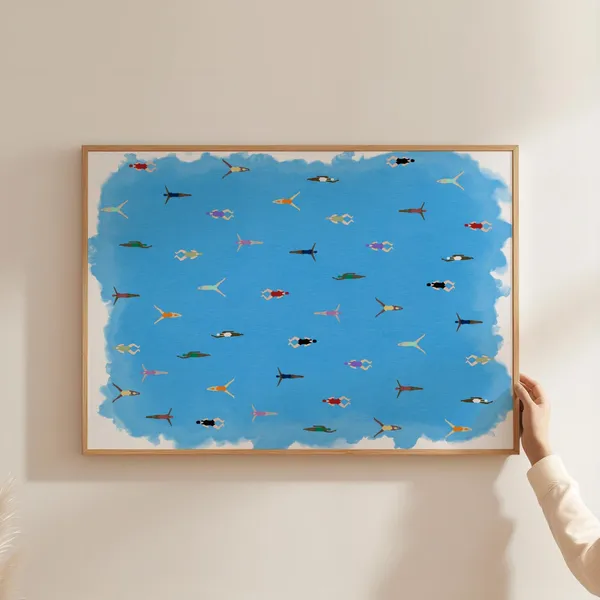 Tiny Women Swimming Watercolor Art Print, Minimalist
