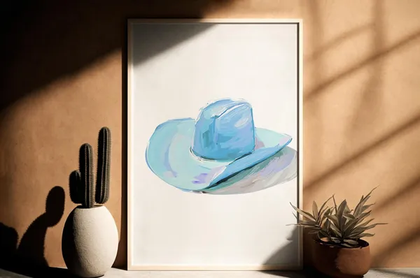 Light Blue Cowgirl Hat Oil Painting, Western Wall Art