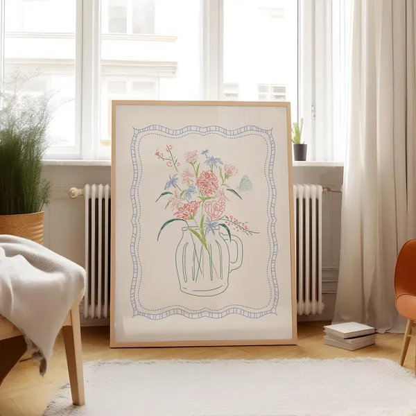 Mason Jar Doodle Bouquet Art Print, English Garden Floral