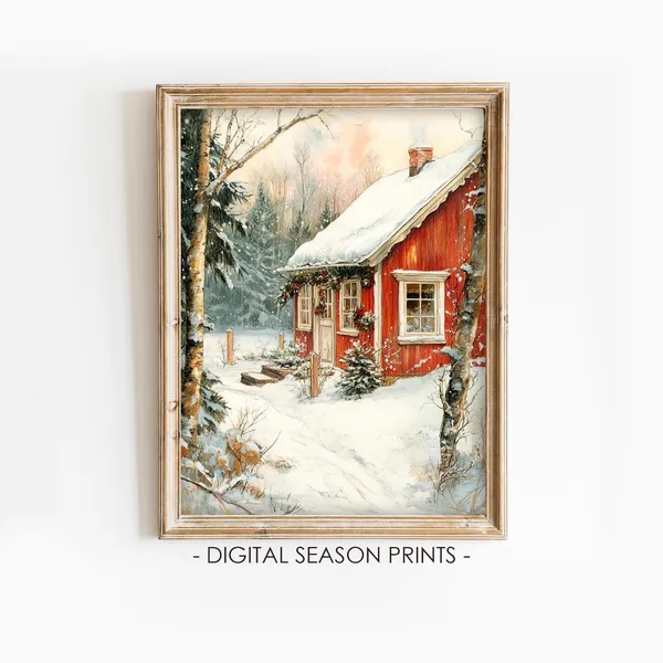 Vintage Christmas Cottage, Rustic Holiday Wall Art