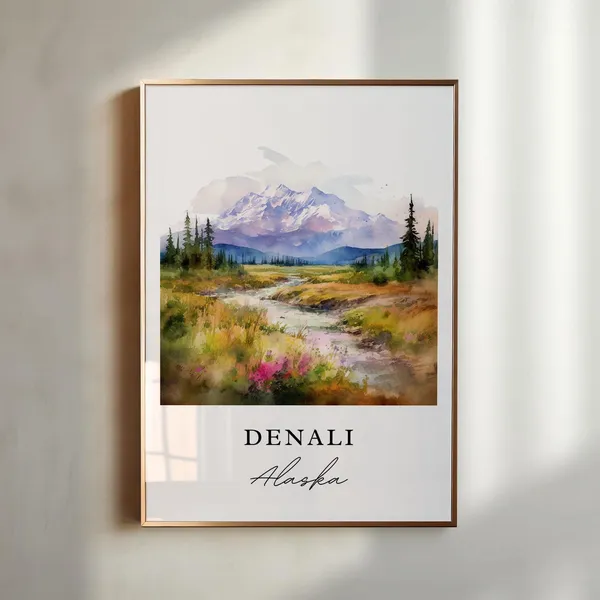 Denali Alaska Travel Poster, Watercolor Art Print