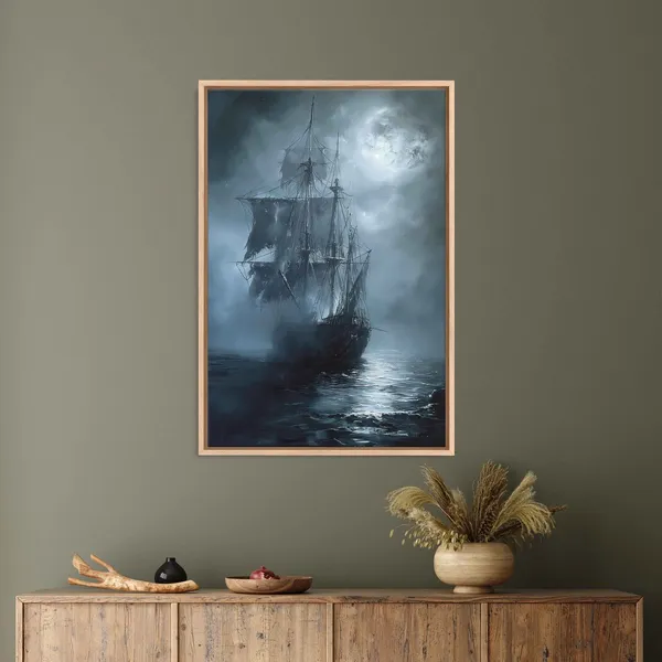 Haunted Ghost Pirate Ship, Moonlit Sea Poster Print