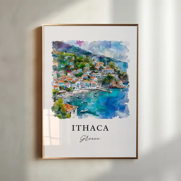 Ithaca Greece Watercolor Travel Poster, Kefalonia