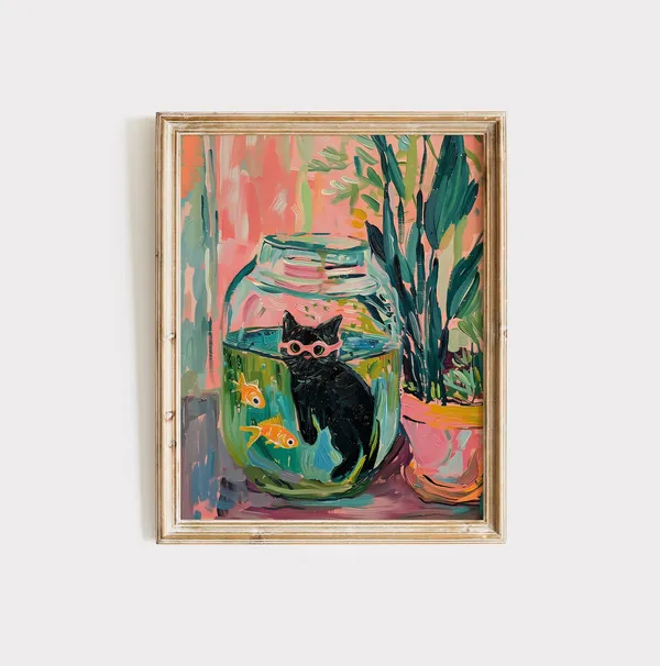 Matisse Goldfish With Cat, Black Cat Art Print