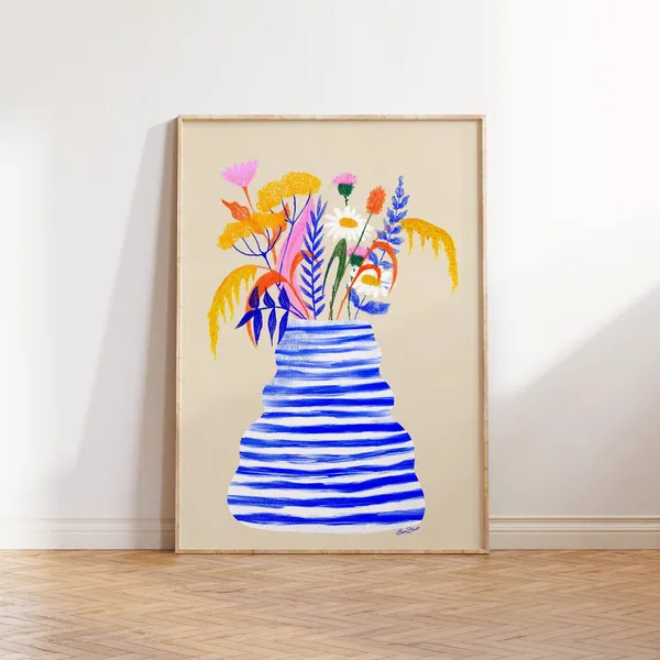 Bright Colorful Vase Illustration, Floral Bouquet Art Print