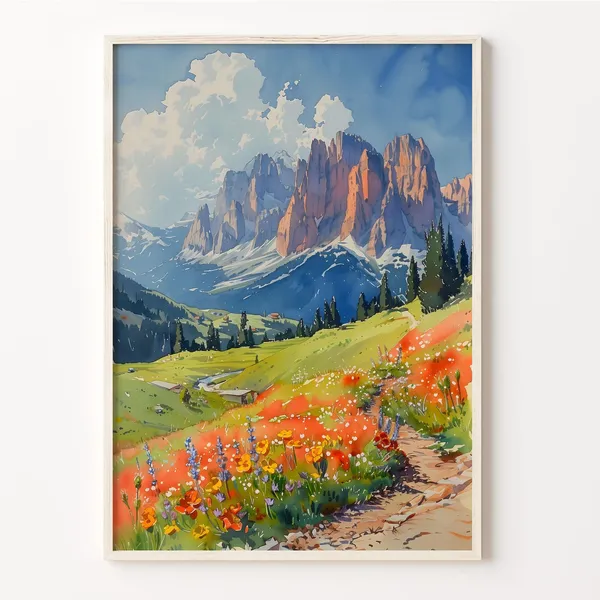 Dolomites Watercolor Italy Travel Poster, Piave Valley