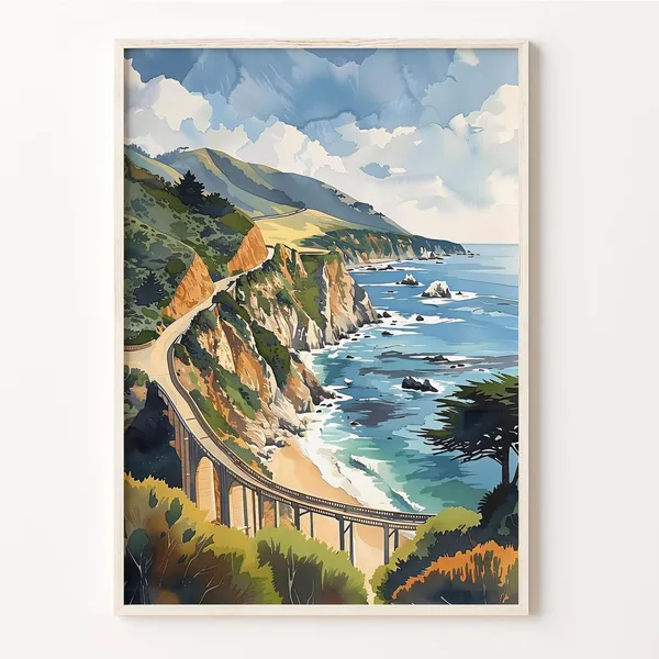 Big Sur Watercolor Travel Poster, California Decor