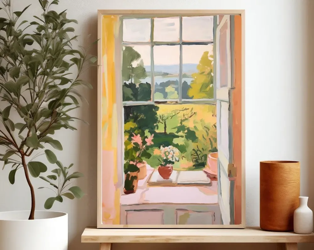 View Through Window Landscape Watercolor Art Print