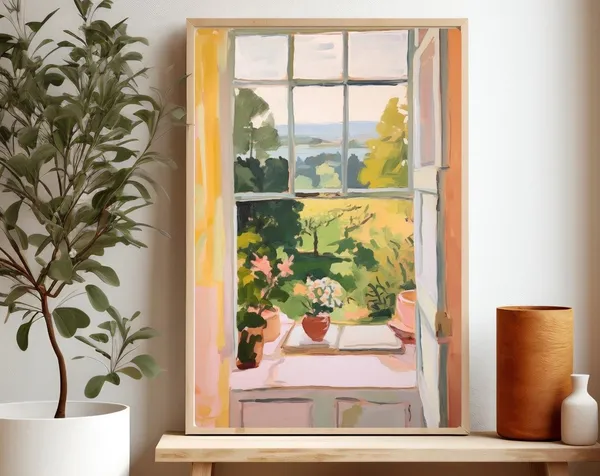 View Through Window Landscape Watercolor Art Print