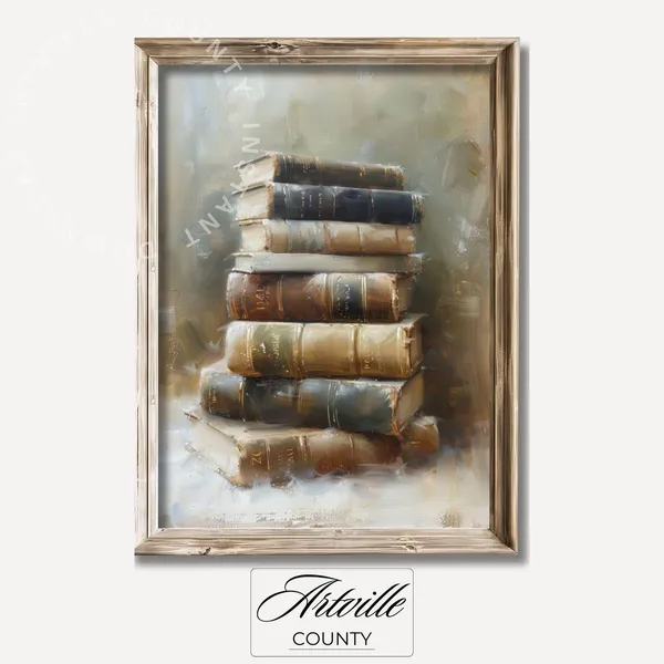 Vintage Books Oil Painting, Rustic Study Decor