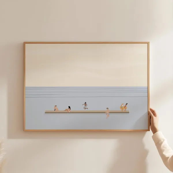 Tiny People Swimming at Lake Dock, Minimalist Art Print