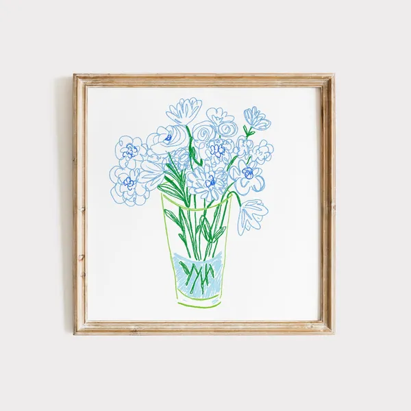 Blue Bouquet Doodle, Minimalist Floral Art Print