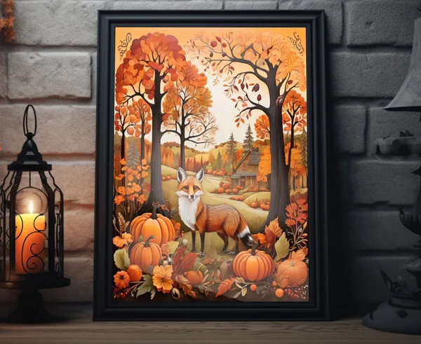 Fall Forest Fox Folk Art Poster Print, Autumn Decor