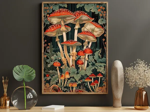 Cottage Colorful Mushrooms Art Print, Enchanted Forest