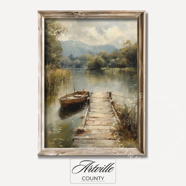 Fishing Boat Oil-Painting Vintage Farmhouse Landscape