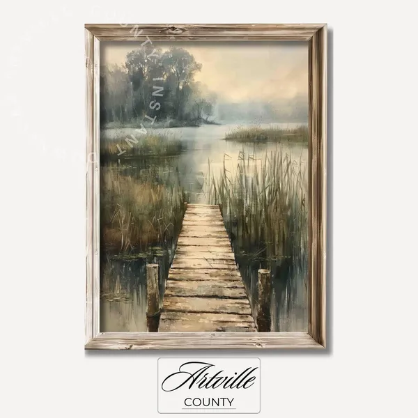 Fishing Pier Oil Painting, Vintage Farmhouse Landscape Print