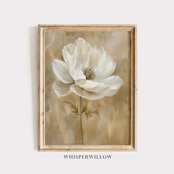 Anemone Soft White Bloom Painting, Vintage Floral Art