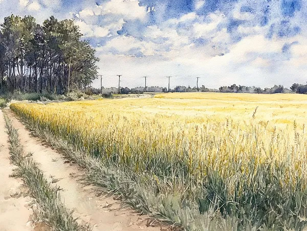 Indiana Watercolor Landscape Art Print, Golden Field Path