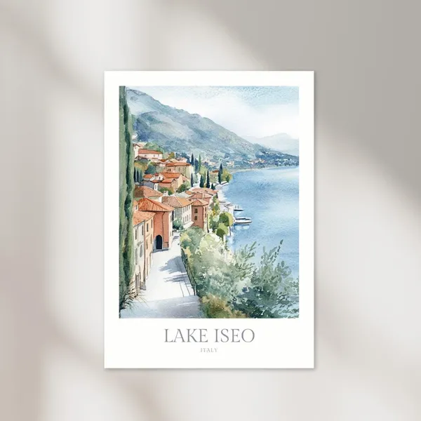 Lake Iseo Watercolor Travel Poster, Italy Decor
