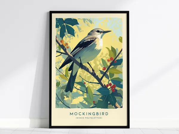 Mockingbird Art Print, Audubon-Style Nature Poster