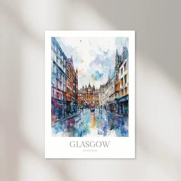 Glasgow Watercolor Poster, Scotland Travel Poster