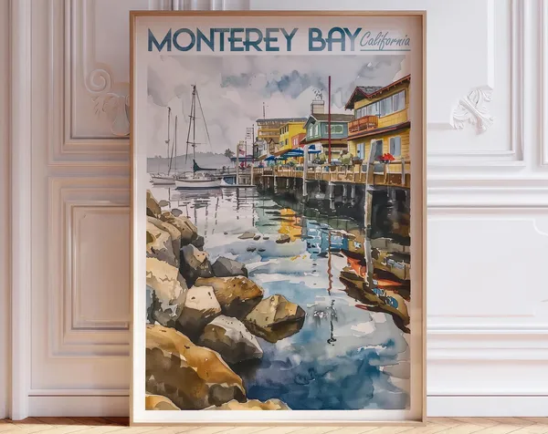 Monterey Bay Watercolor Travel Poster, Coastal Decor