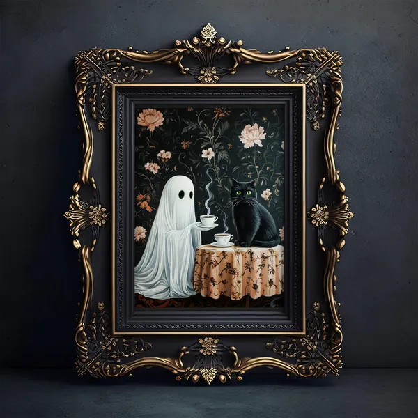 Coffee Time Ghost and Black Cat, Whimsigoth Poster