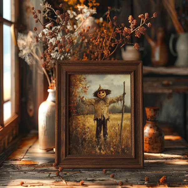 Vintage Fall Scarecrow Halloween Poster, Rustic Decor