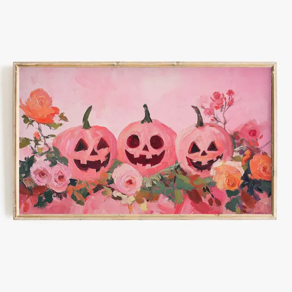 Halloween Pink Pumpkins Cute Floral Art Print